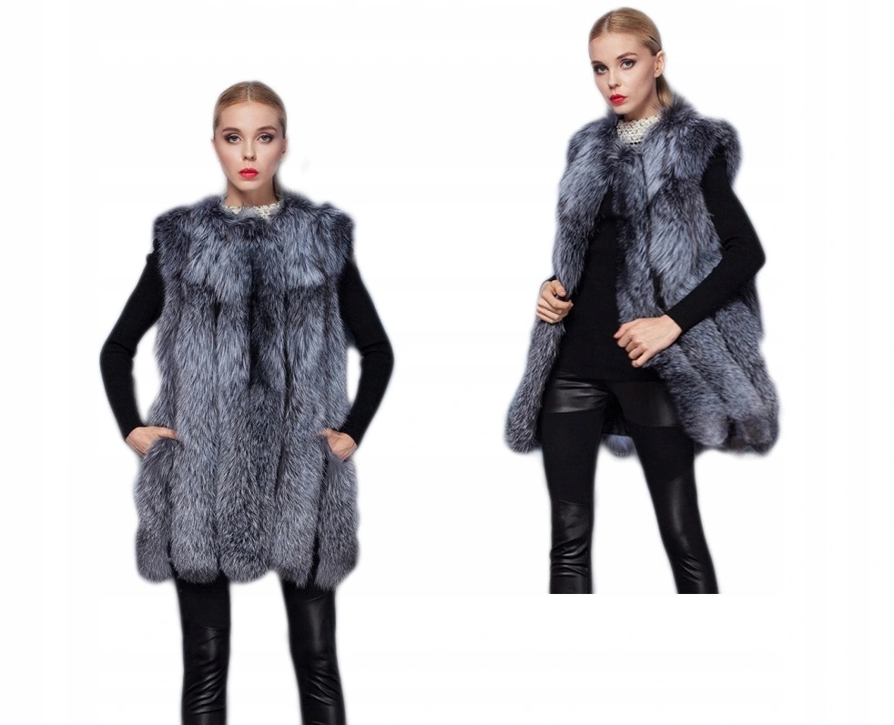 KAMIZELKA FUTRO NATURALNE SREBRNY RUDY LIS PIĘKNA ELEGANCKA