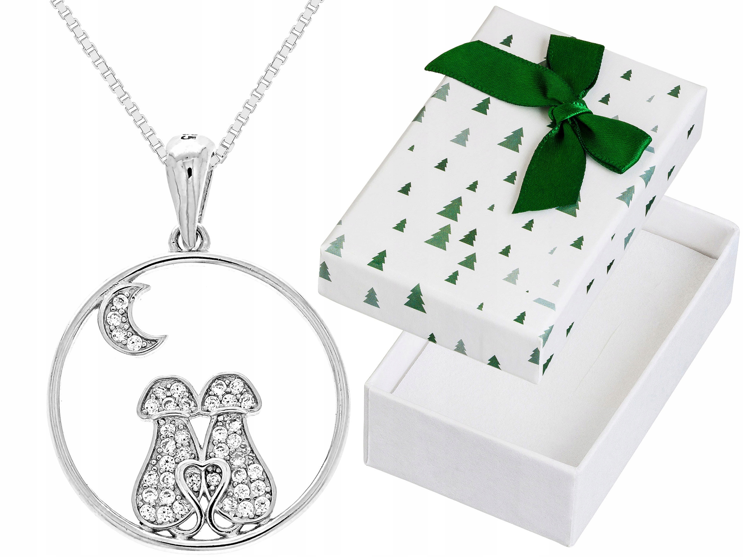 Dlouhý Stříbrný Dámský Náhrdelník Kočky s Zirkony Kočky Měsíc Stříbro 75 cm