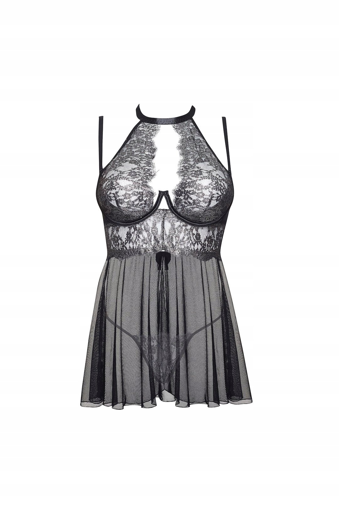 Tričko Noční Chemise Stříbrná Krajka Set S Tangy L/XL