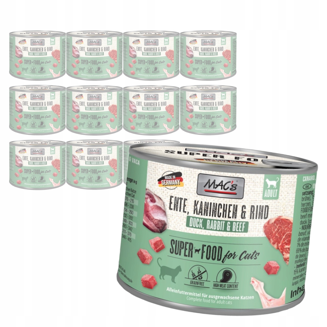 Levně MAC's 12x200g Bezobilné Mokré Krmivo Pro Kočky Kachna Králík Hovězí maso