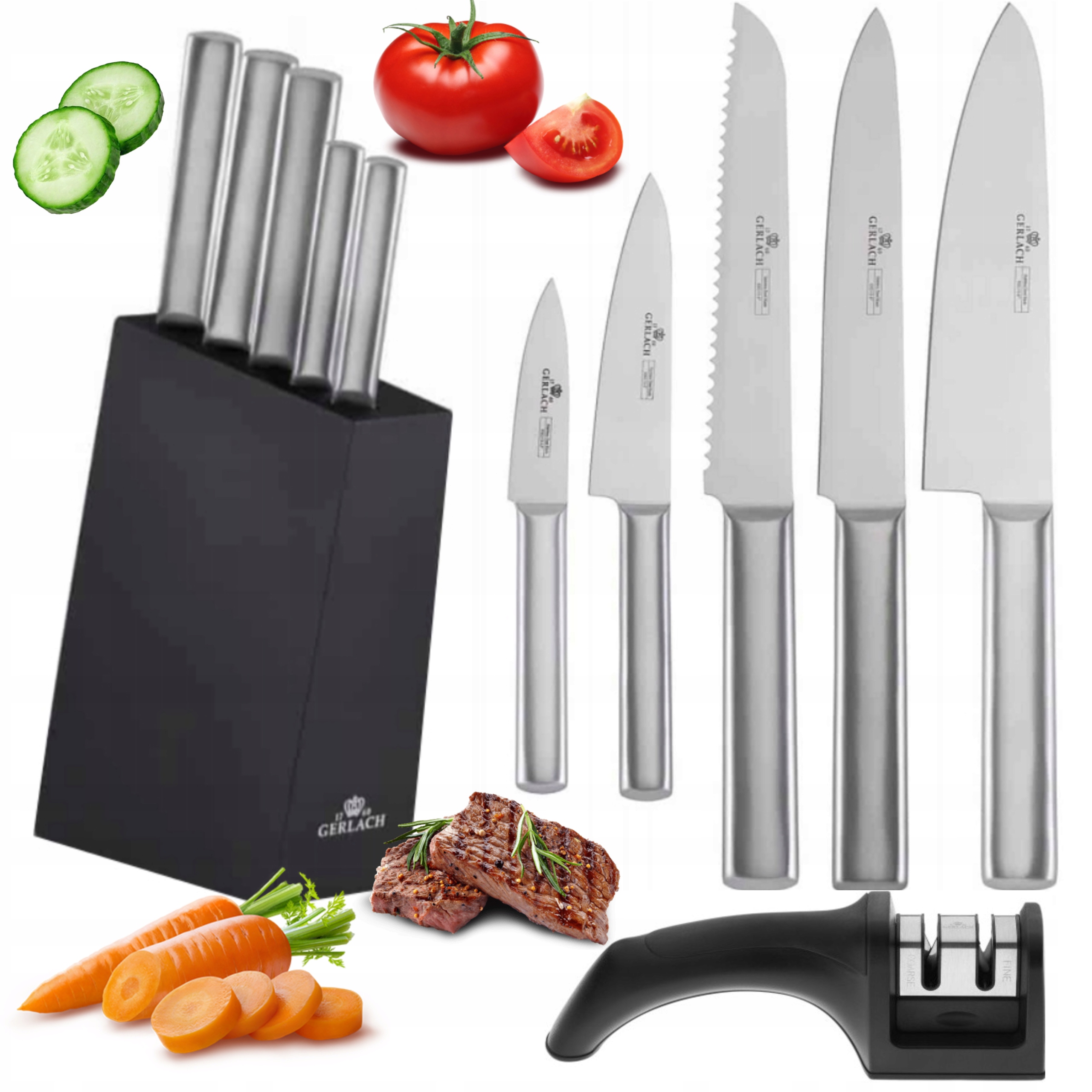 Sada 5 Oceľových Nožov Gerlach Ambiente V Bloku Kuchynské Nože Brusný Kameň