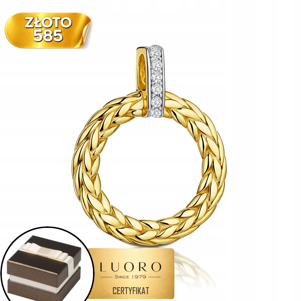 Zlatý Přívěsek 585 14K Pletený Kroužek Se Zirkony 23 MM Elegantní