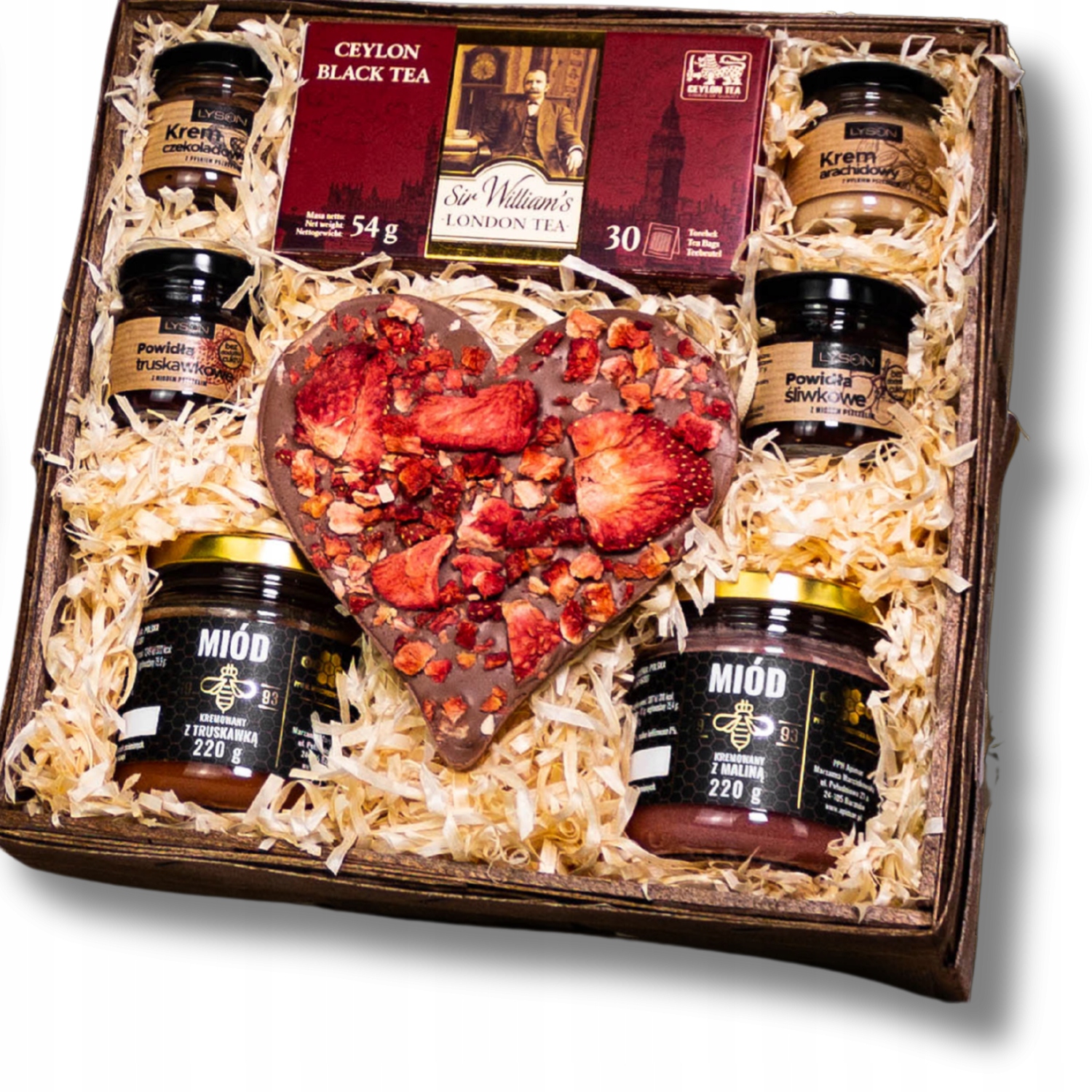 Levně Dárkový koš na Valentýna s medovým čajem a krémy a čokoládou Srdce
