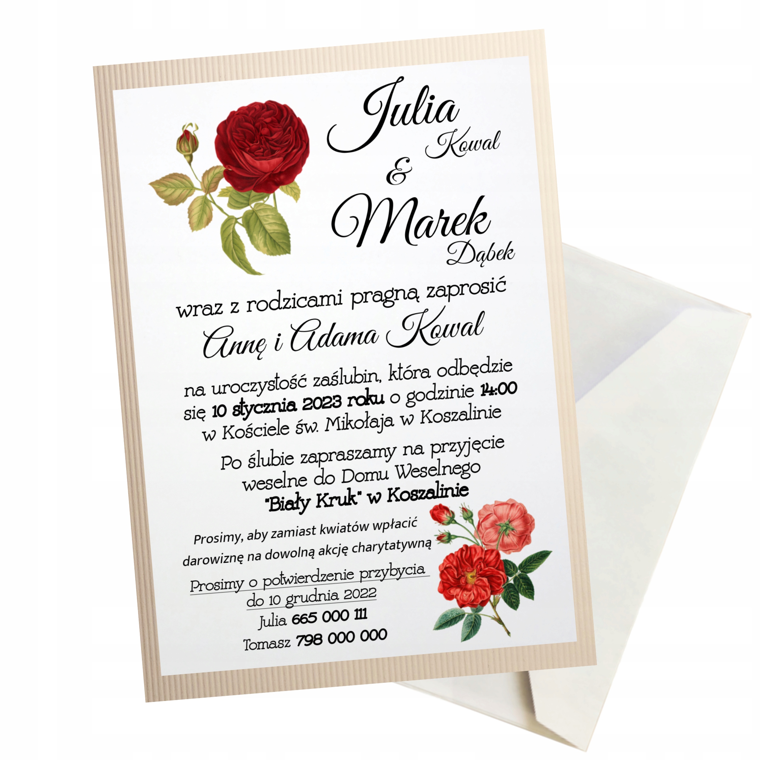 ZAPROSZENIE NA ŚLUB WESELE + KOPERTA wzory ECRU