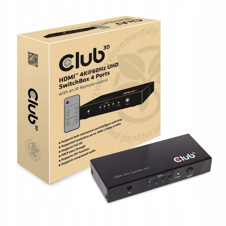 Club3D Video prepínač 4:1 Hdmi 2.0 4K60Hz Uhd, 4 porty CSV-1370