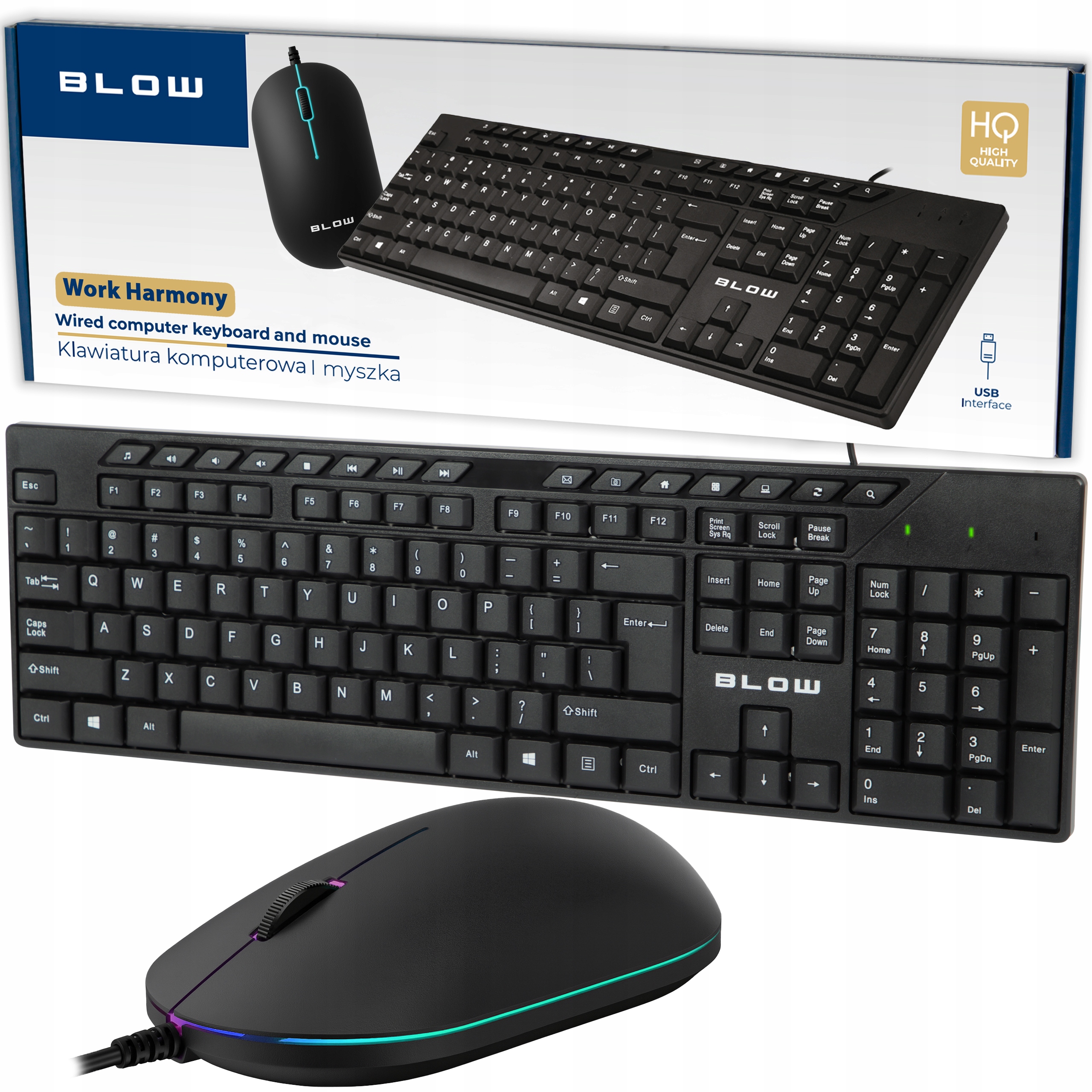 ZESTAW KLAWIATURA MYSZ BLOW WORK HARMONY CZARNY LED USB DO PC LAPTOP BIURO