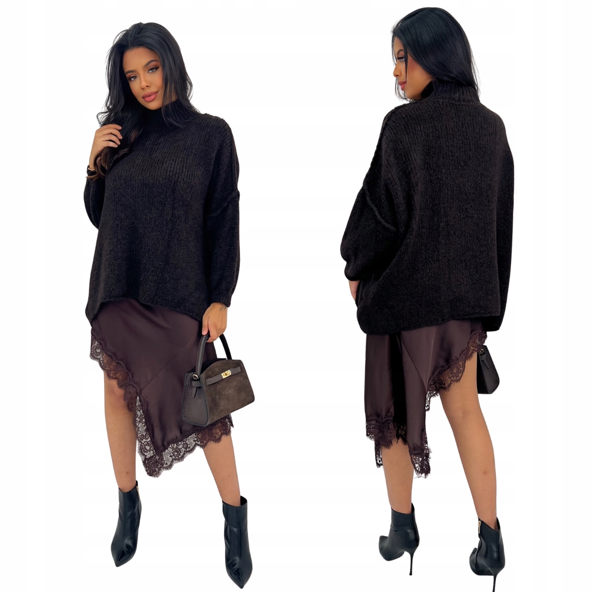 Oversize svetr se stojáčkem, tmavá čokoláda, snížená linie ramen, velikost One size