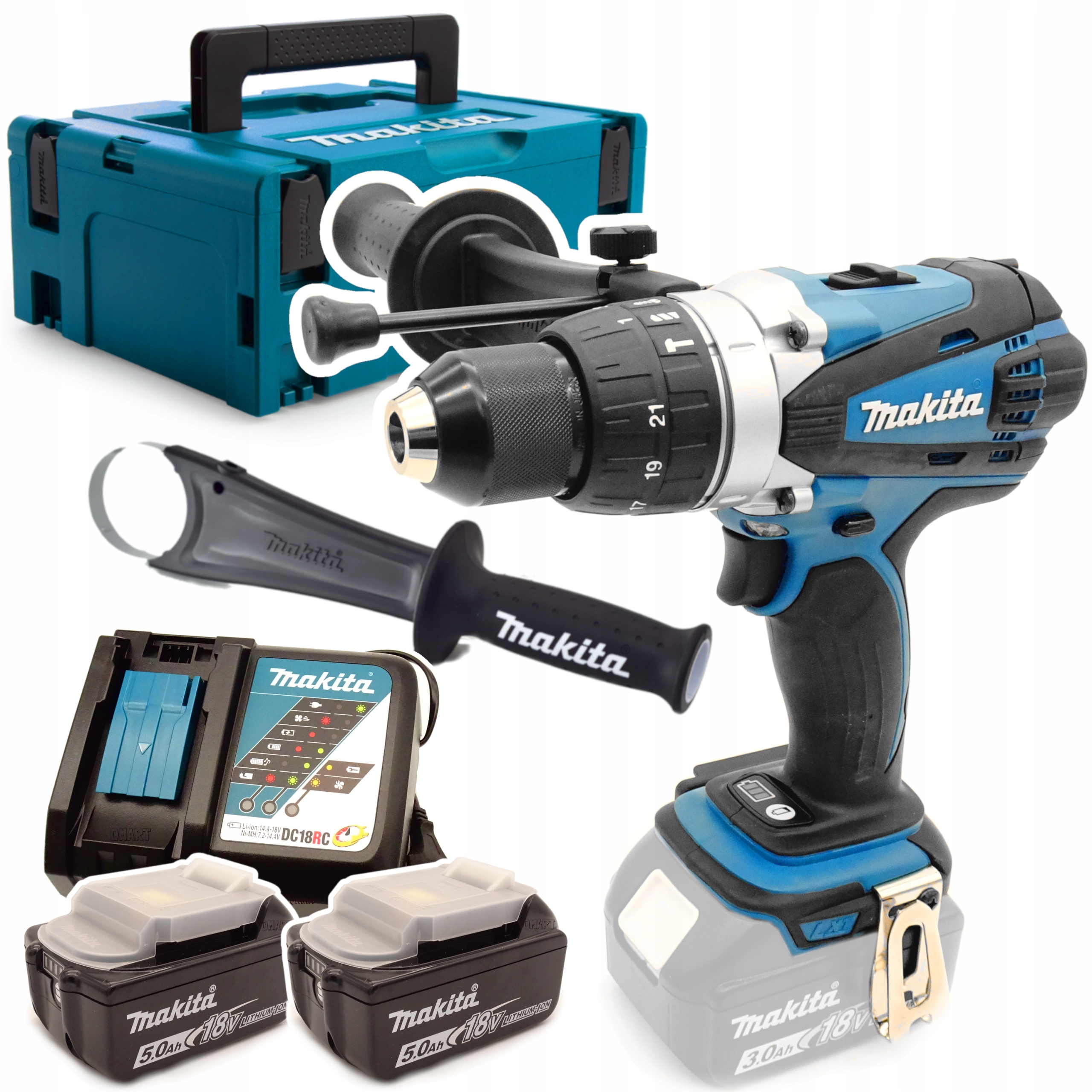 Makita DHP458RTJ Wiertarko-wkrętarka udarowa 91nm 18V Li-Ion Zestaw 2x5.0ah