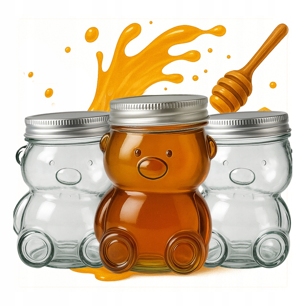 Set 24x Skleněná sklenice Medvídek 80 ml se šroubovacím uzávěrem na med a džem s kořením
