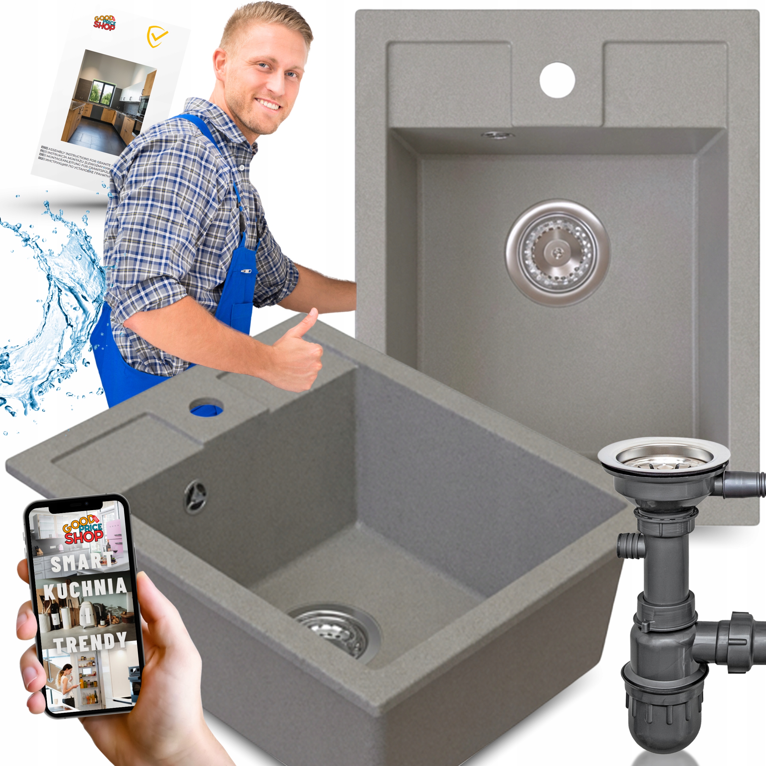 dřez granitové Jednokomorové tmavě béžové Kuchyňské Sifon 6v1