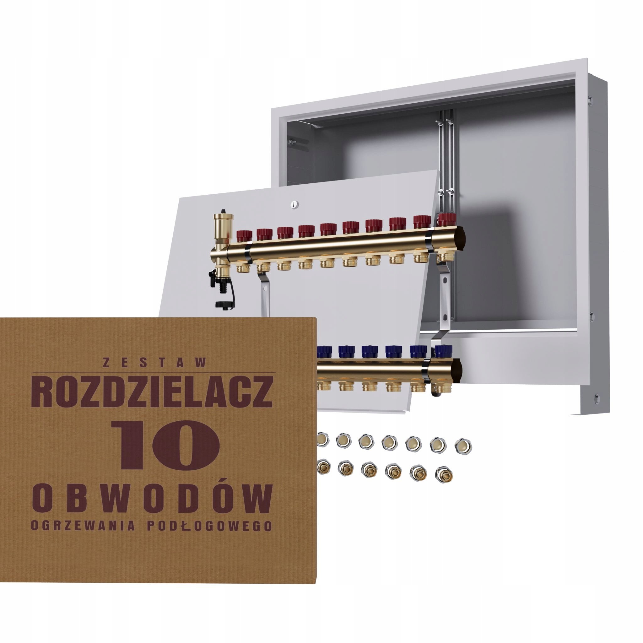 Manuální rozdělovač 10 okruhů pro radiátory podomítková skříňka Pex