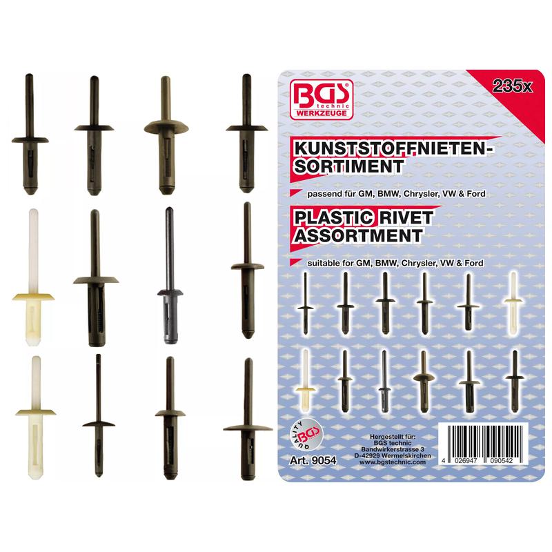 Sada plastových nýtů pro Gm, Bmw, Chrysler, Vw, Ford 235 ks Bgs 9054