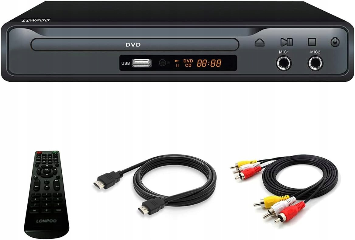 Lonpoo Odtwarzacz DVD Scart, Bez Blokady, 1080p Hd, Hdmi, Rca, 2x MIC