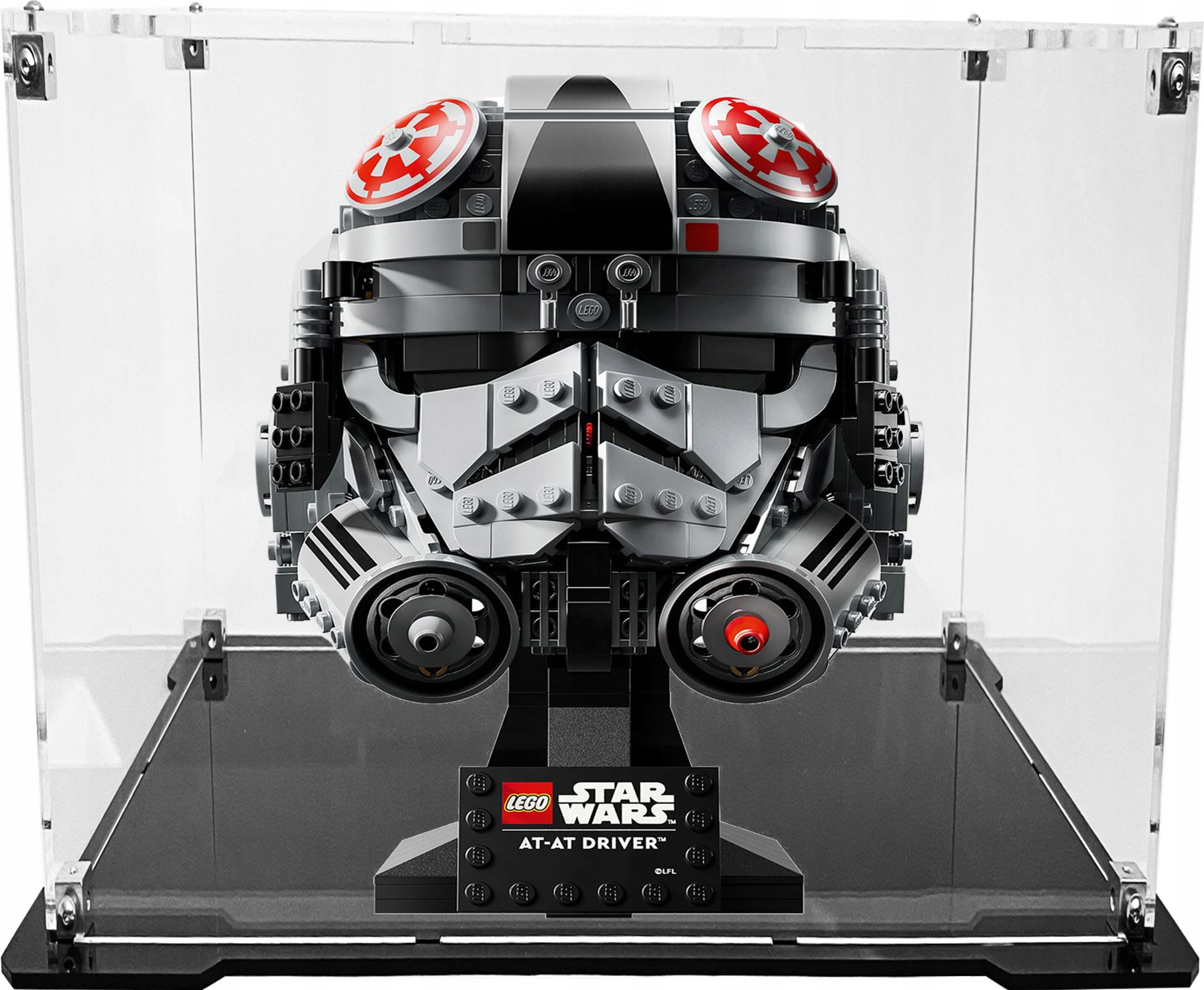 Vitrína s černou základnou pro stavebnici Lego 75429 Helma operátora At-at