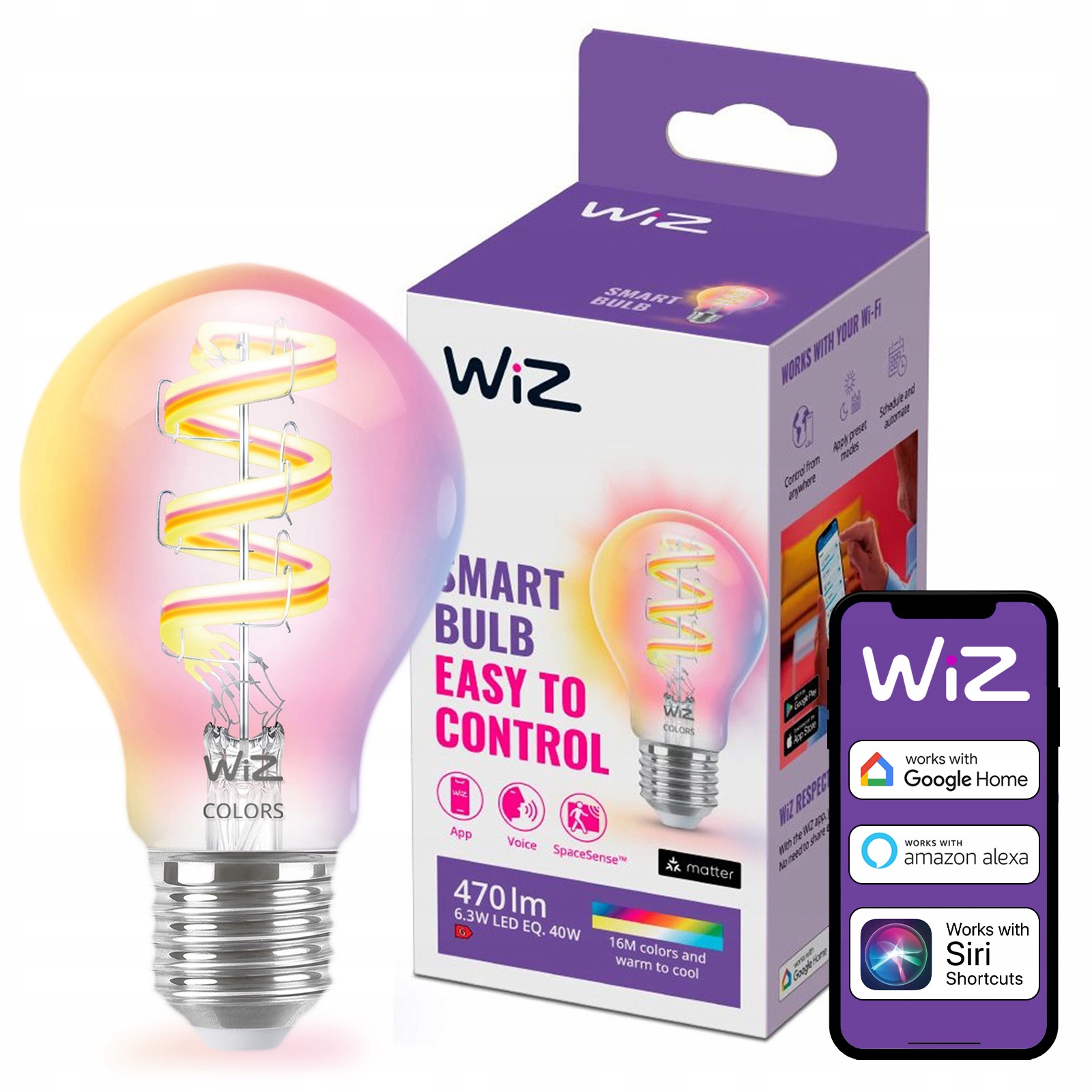Led žárovka E27 A60 6,3W 40W Cct Rgb Filament Smart WiFi Ovládání aplikací WiZ