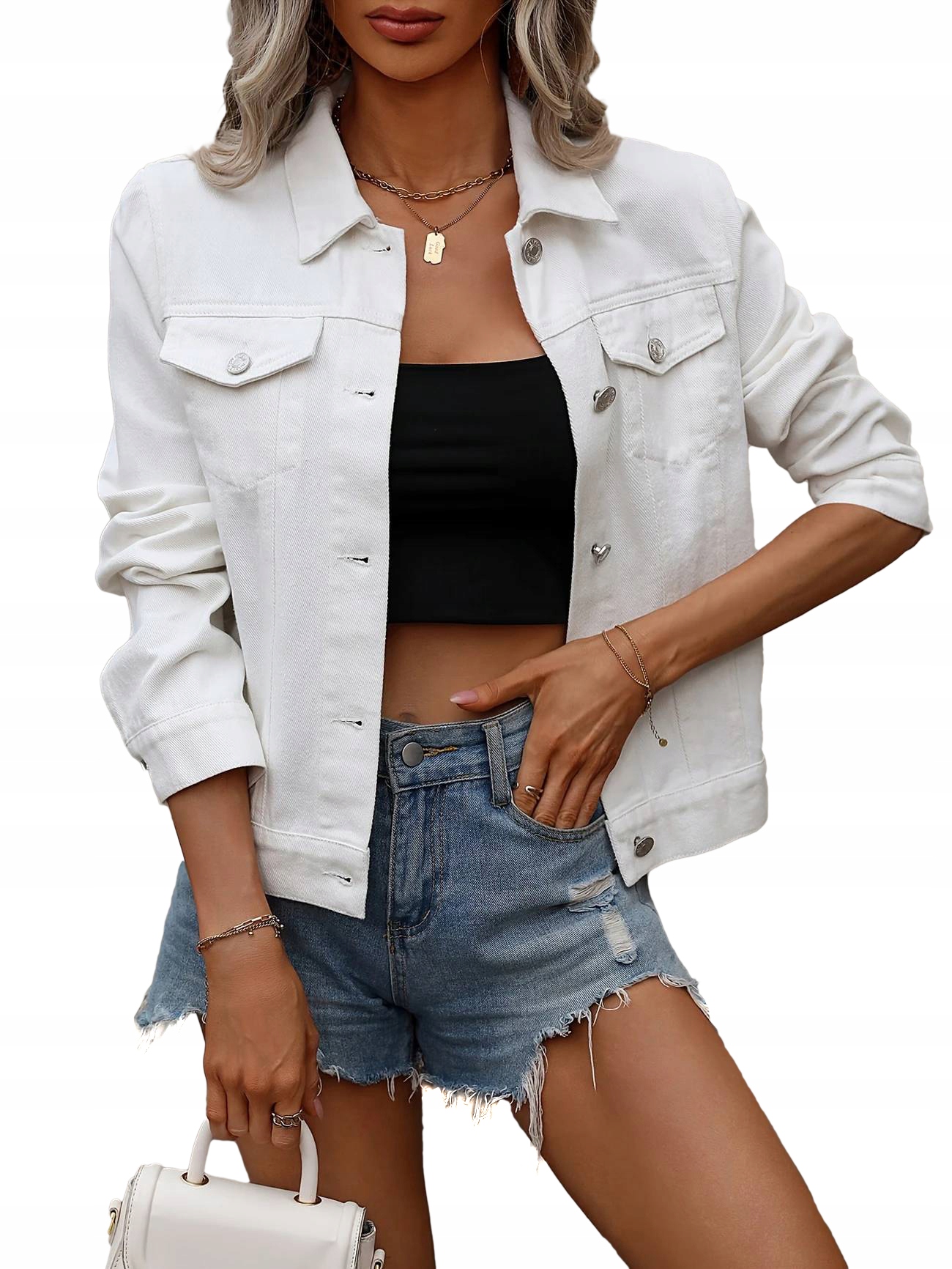 Dámská džínová bunda Bílá Katana na knoflíky s kapsami XL