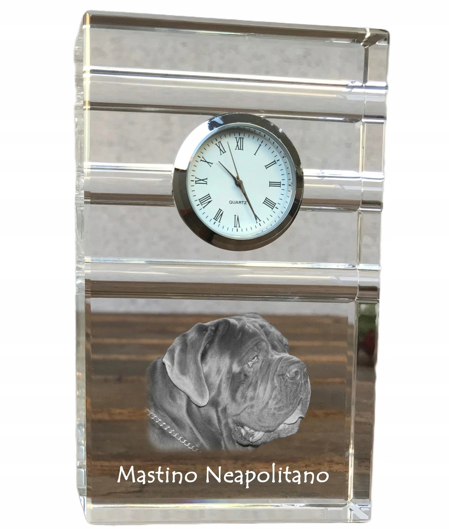 Neapolský mastif – krištáľové stolové hodinky so psom, s vašou fotografiou