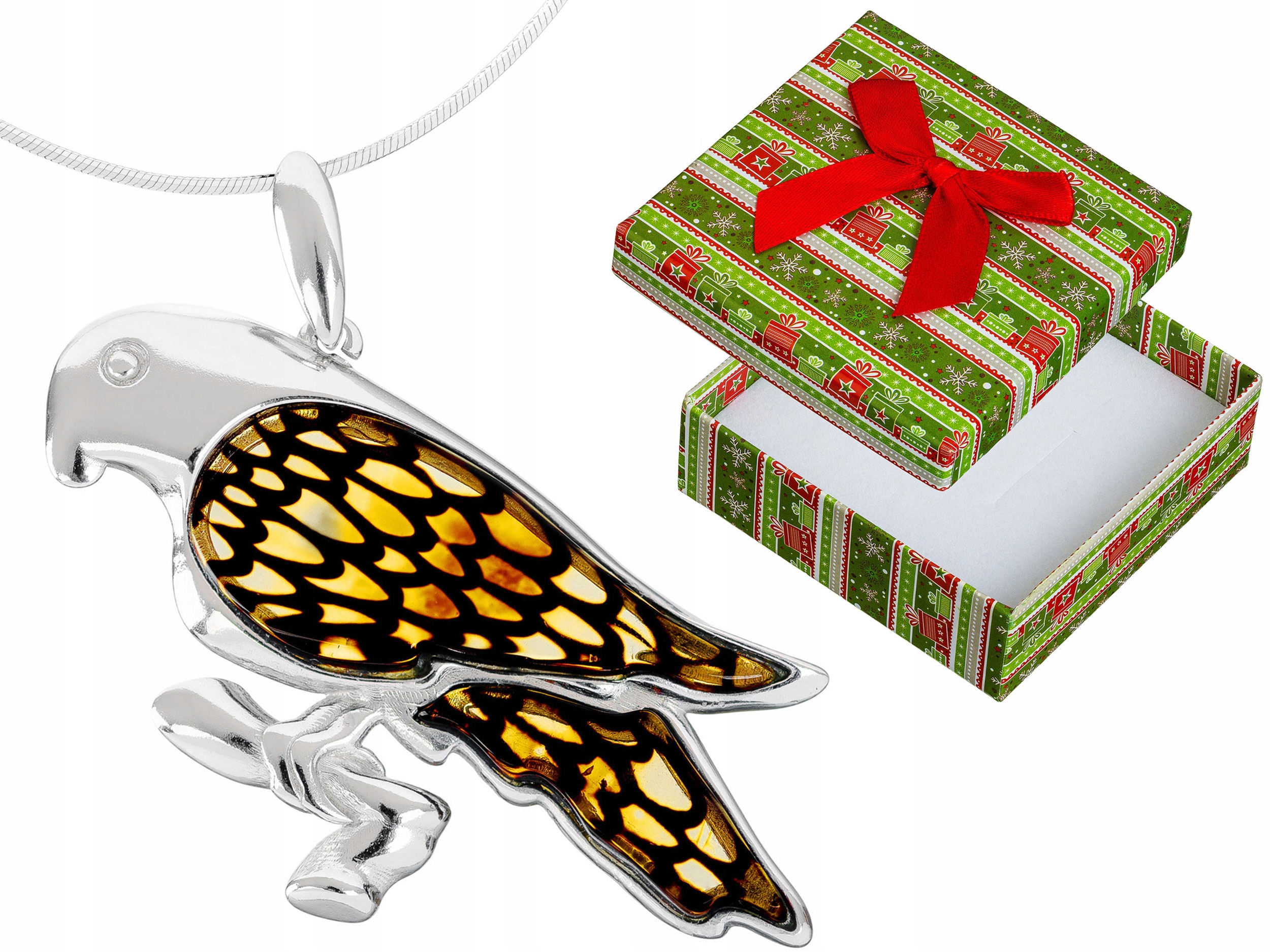 Velký stříbrný dámský náhrdelník Pták s jantarem Papoušek Stříbro Dlouhý 90 cm