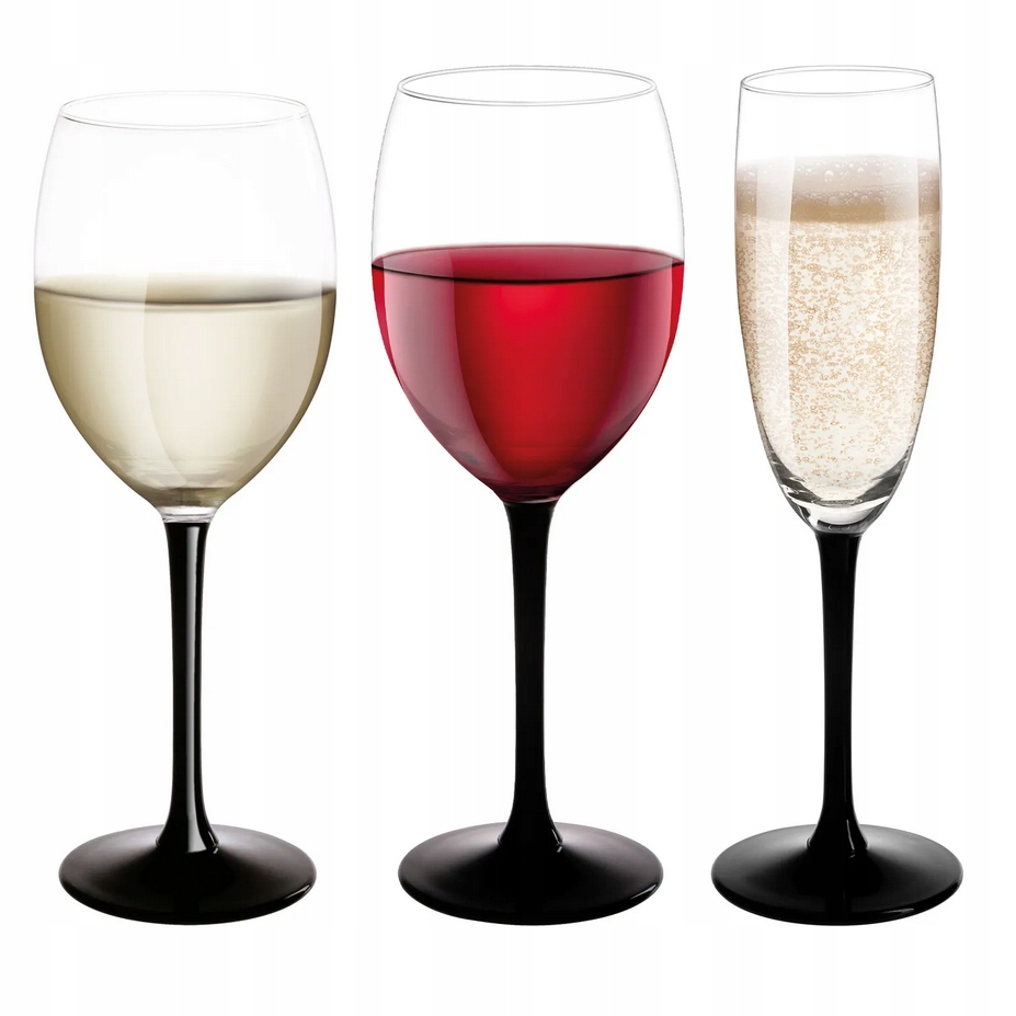 Sada 18 sklenic na červené, bílé víno, šampaňské s černou nohou