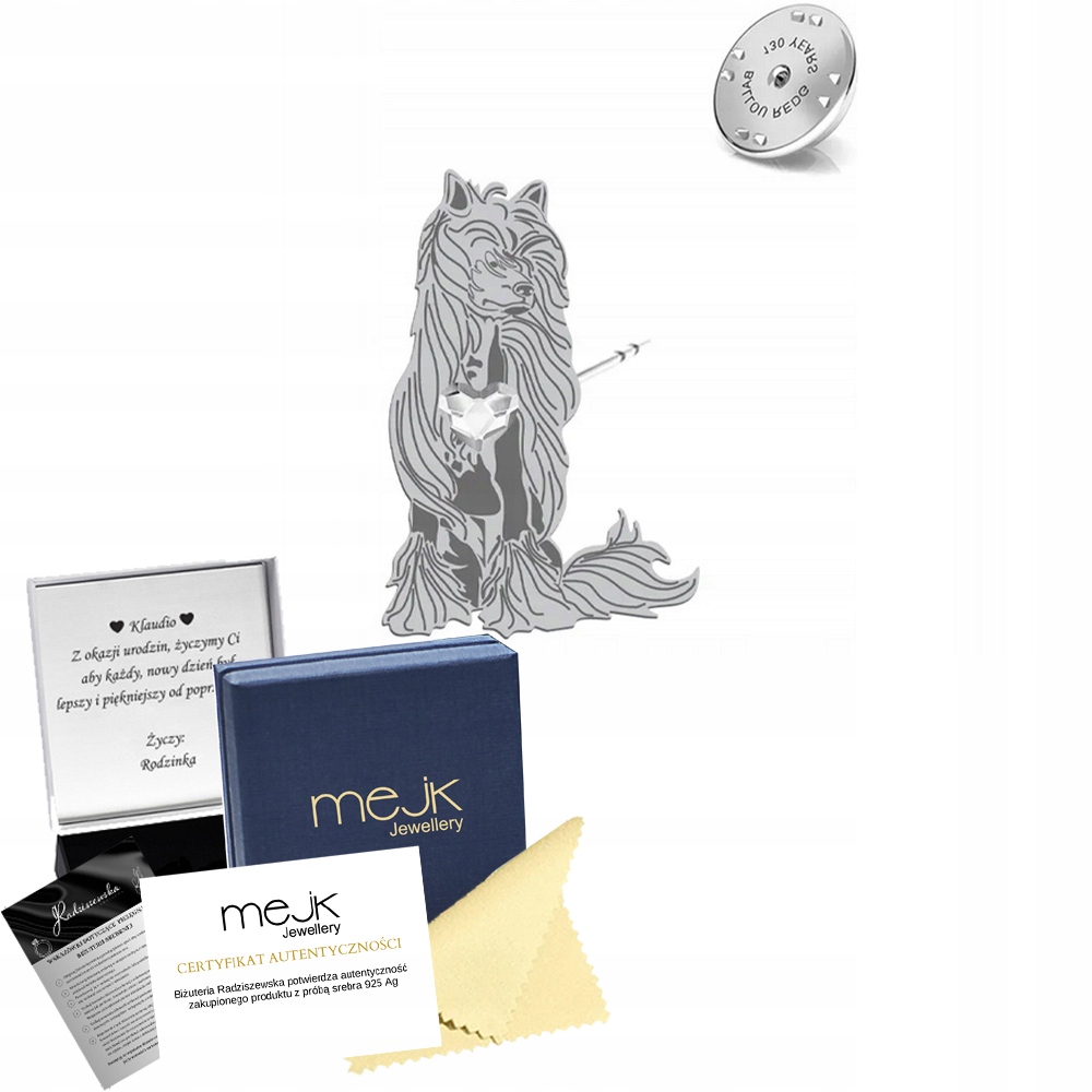 Odznak Stříbrná 925 s psem Hřívač čínský Nahá žena Dedikace Bonus