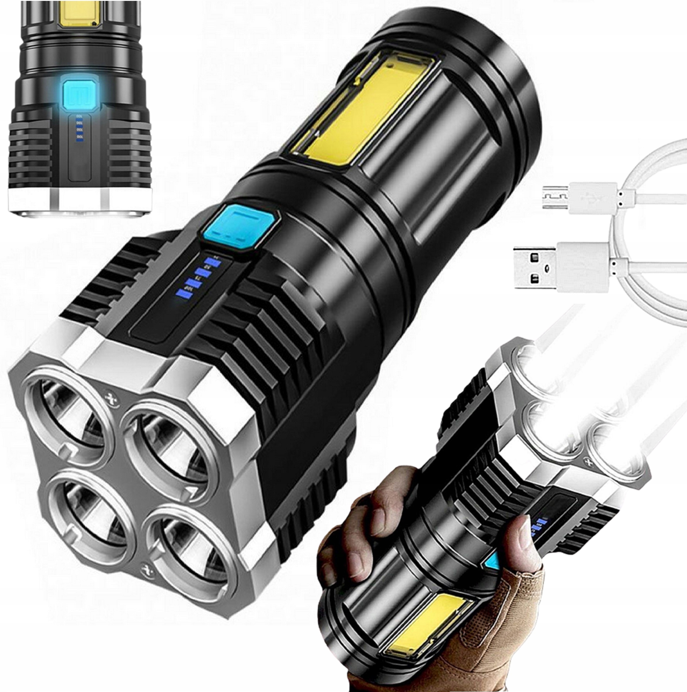 

Latarka Taktyczna 4 Led Cob Wojskowa Szperacz Usb