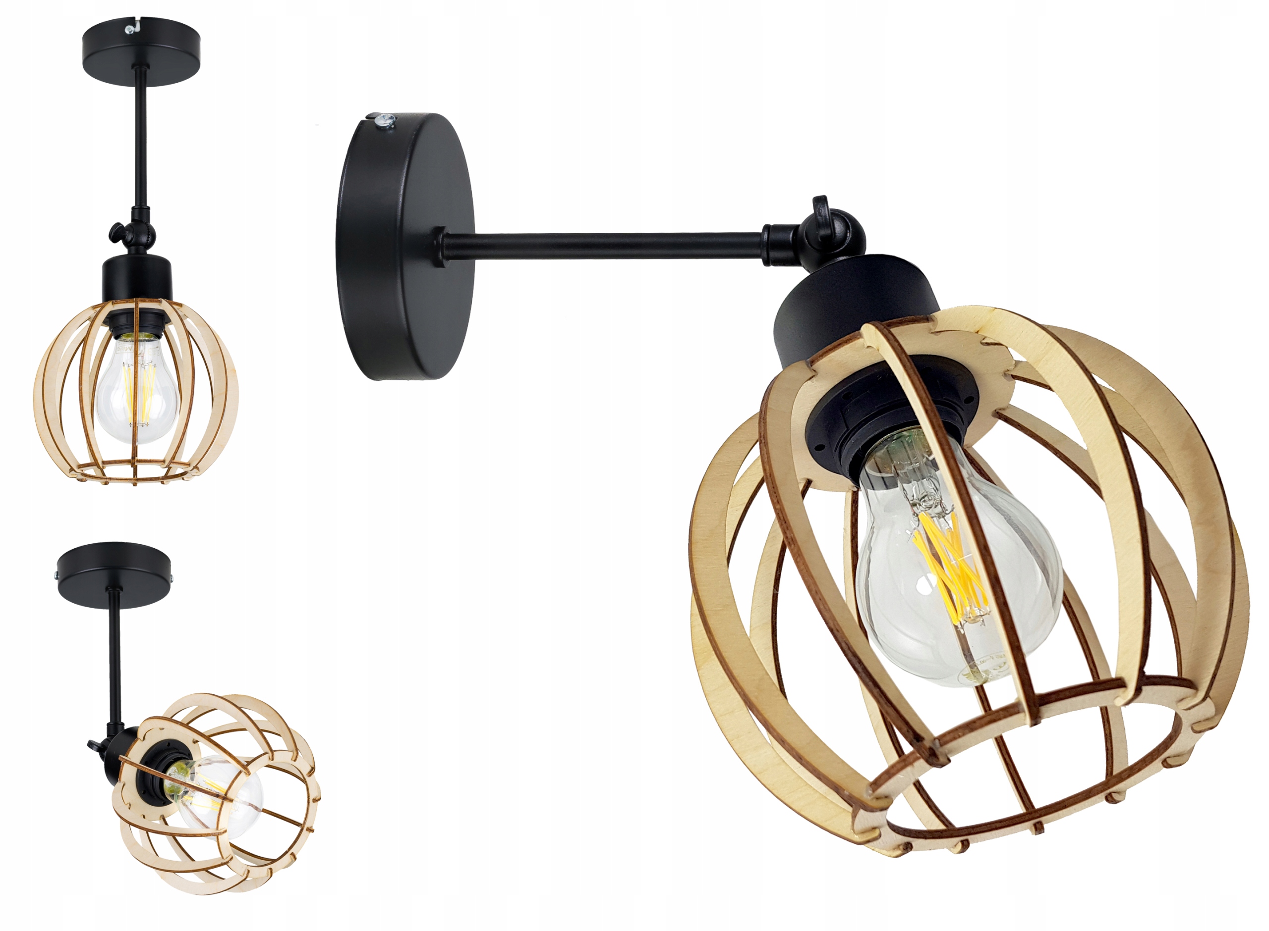 LAMPA KINKIET E27 ścienny ruchomy loft KULA Drewno