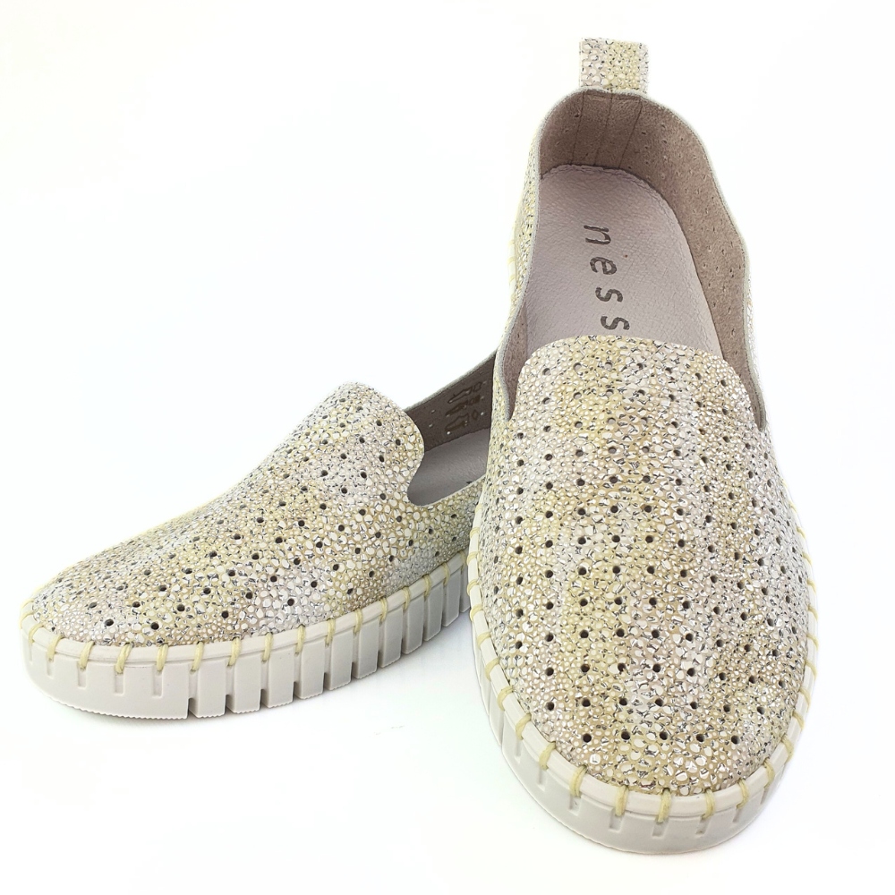 NESSI 18390 miękkie mokasyny slip on srebro + biały skóra rozmiar 38 Rozmiar 38