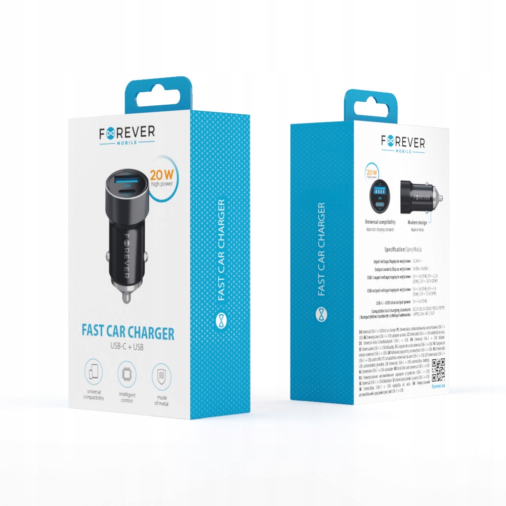 Forever ładowarka samochodowa Pd Qc CC- 06 1x Usb- C 1x Usb 20W czarna
