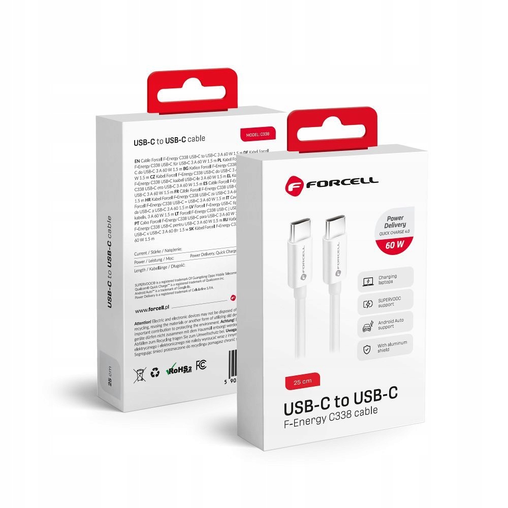 Kabel Usb C do Usb C Forcell F-Energy QC4.0 Pd 3A 60W 0,25 m C338 biały
