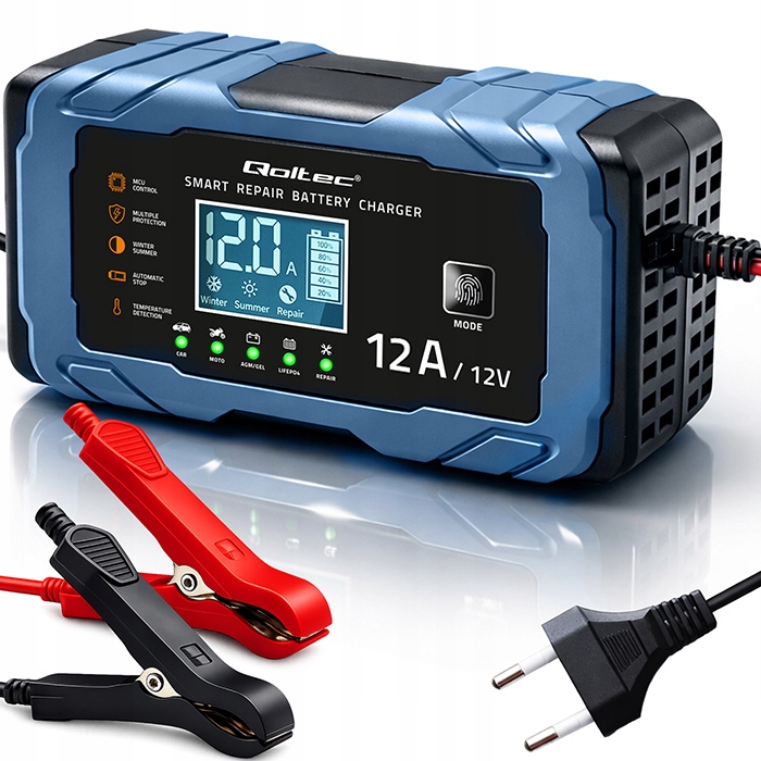 Prostownik 12V 12A AGM GEL LiFePO4 LCD Funkcja Repair 9-Etapowa Qoltec