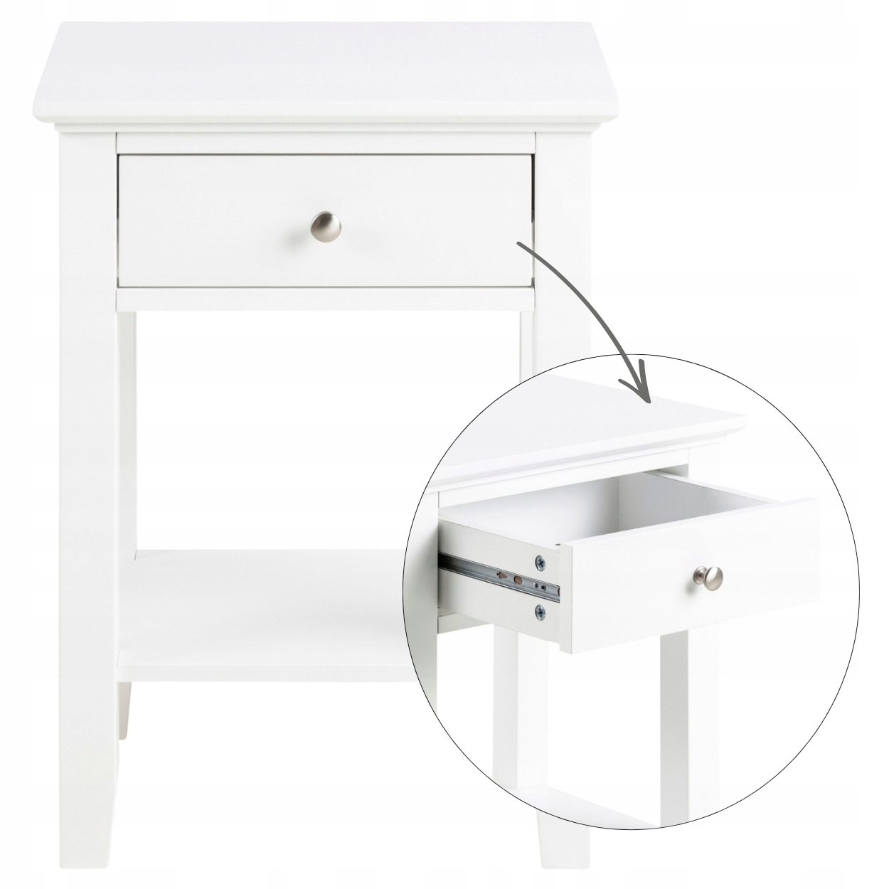 Biely Nočný Stolík Pomocný nočná skrinka do spálne so zásuvkou a poličkou