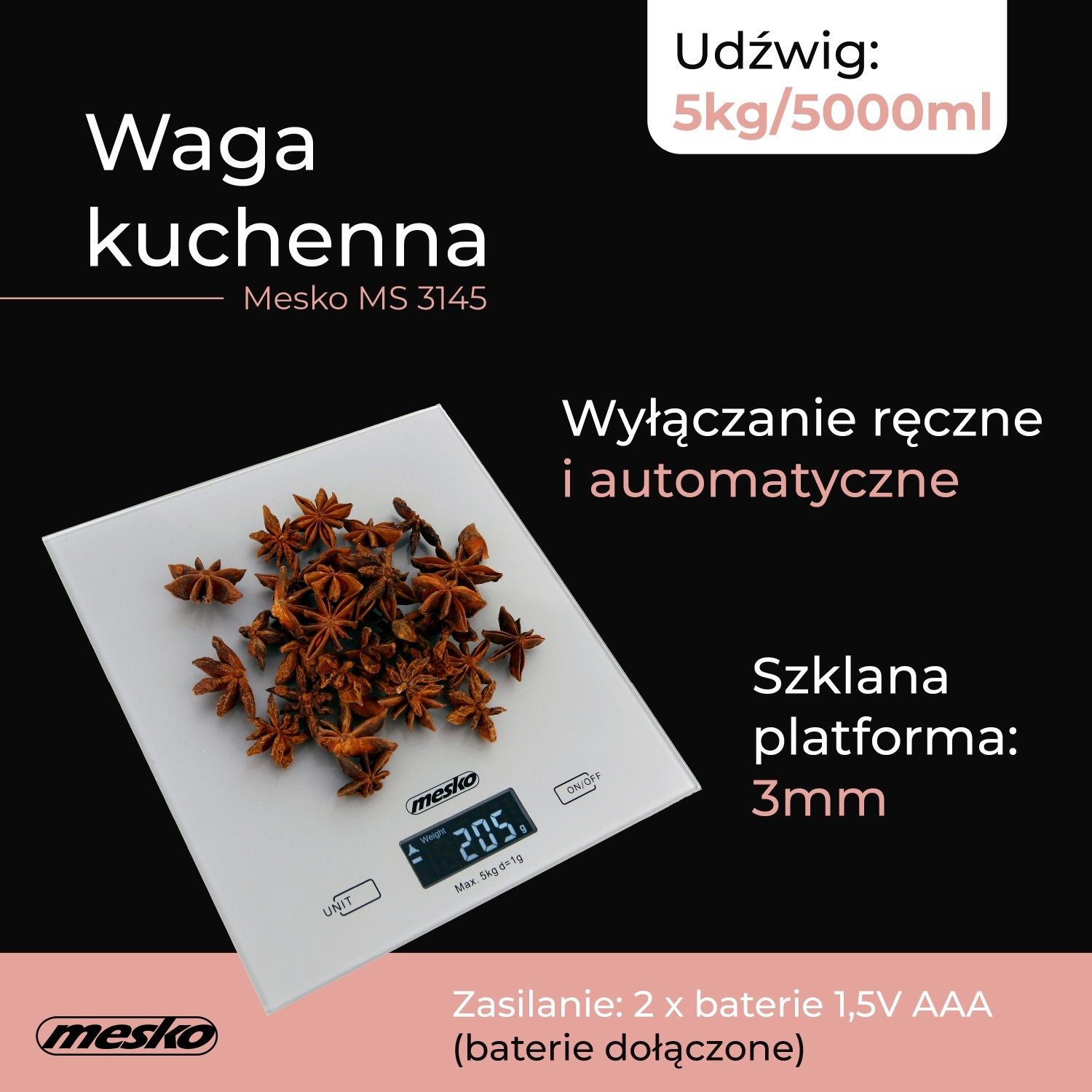 Waga Kuchenna MS 3145 5kg/1g Wyświetlacz LCD Szklana Platforma