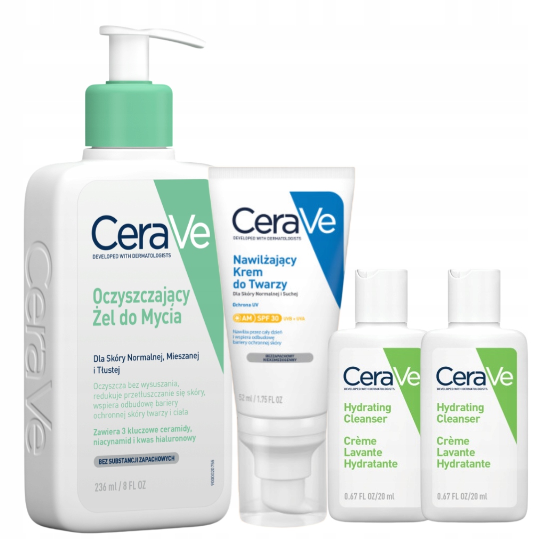 CeraVe Zestaw Oczyszczający Żel do Mycia 236ml, Krem do Twarzy Spf 30 52ml