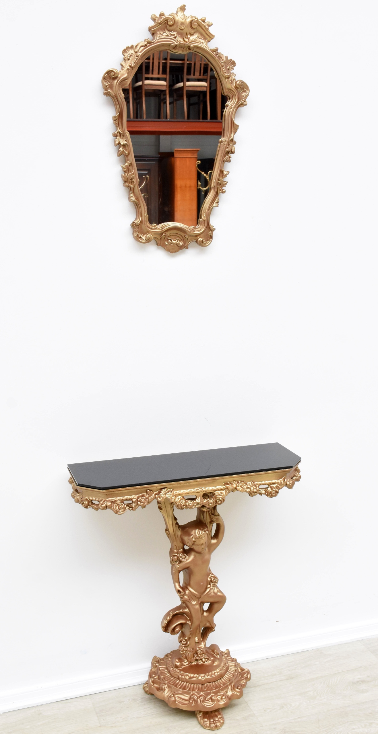 STYLOWA KONSOLKA PRZYŚCIENNA Z LUSTREM, ZŁOTY STOLIK ANIOŁ