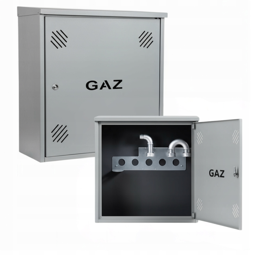 Szafka PUNKT GAZOWY aluminium 600x600x250 mm na 1 gazomierz SZARA z PODSTAWĄ