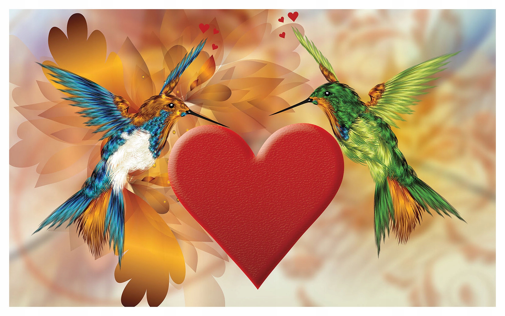 Fototapeta Kolibříci milostný tanec srdce květiny romantika 254x184 lepidlo