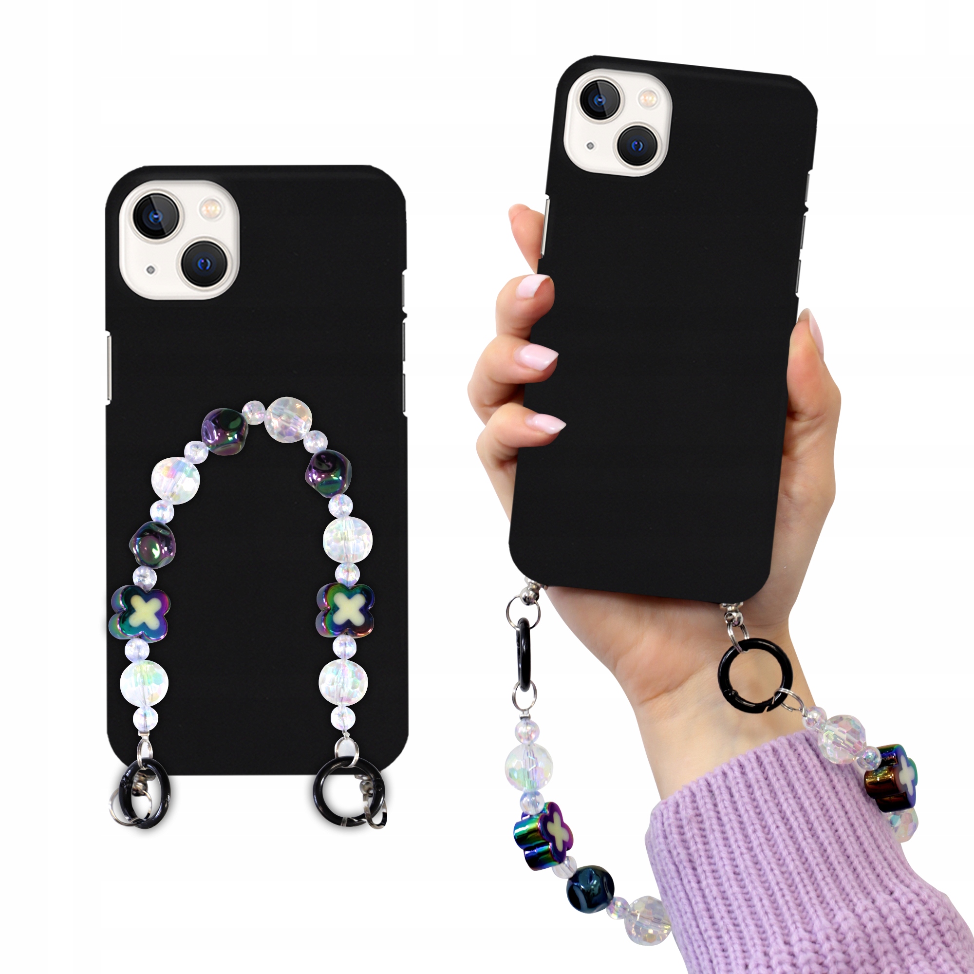 Puzdro Na Iphone 15 Plus Matné Čierne Prívesok S Korálkami Holo