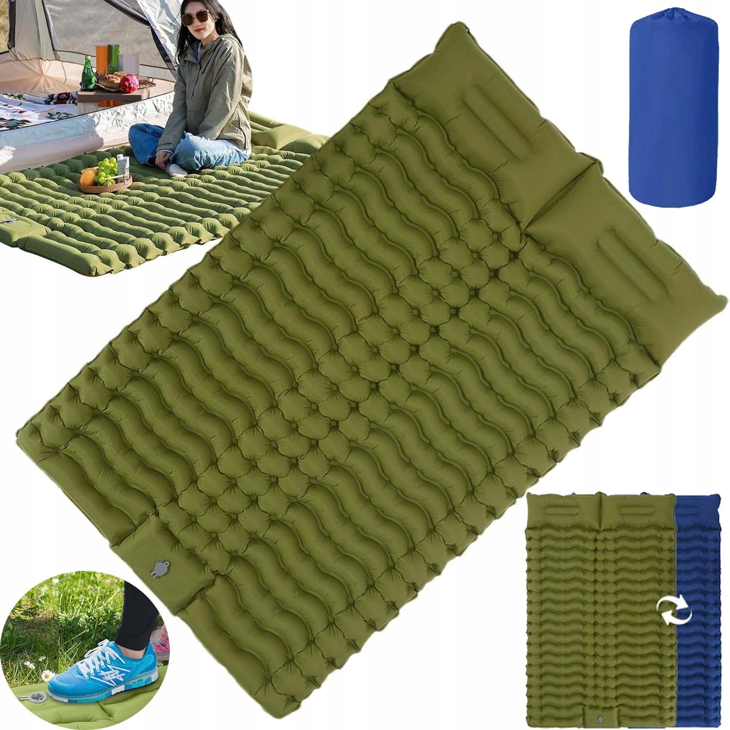 Dvoumístná Samonafukovací Turistická Podložka S Nožní Pumpou A Polštářkem 200*133 CM