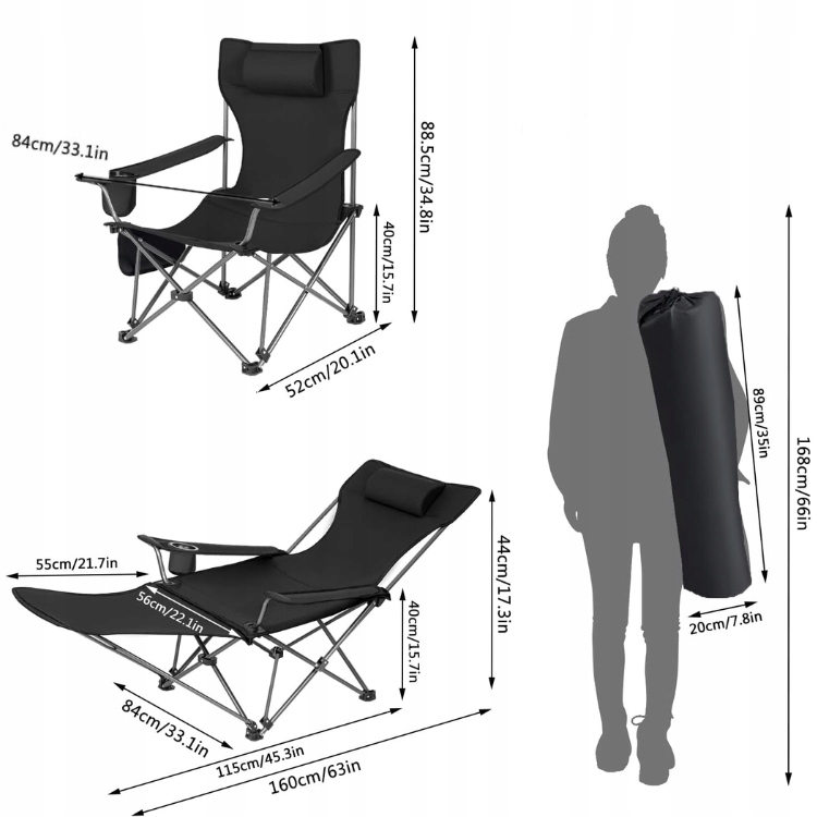 LEŻAK PLAŻOWY OGRODOWY TURYSTYCZNY KRZESŁO WĘDKARSKIE SKŁADANE 4W1 CZARNY Model składane