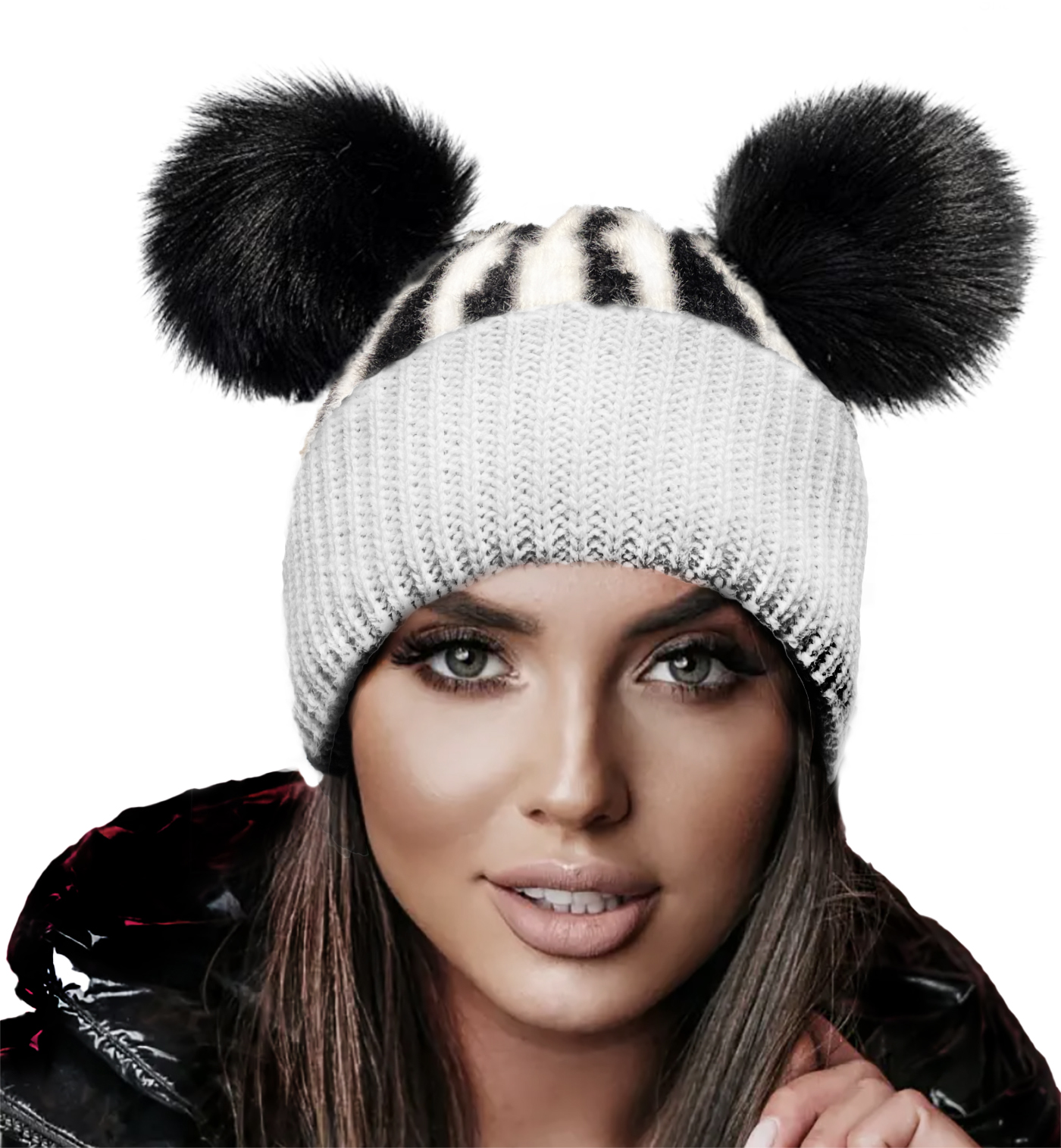 

Zimowa Czapka Woolk Dwa Pompony Zebra Gaga Biała