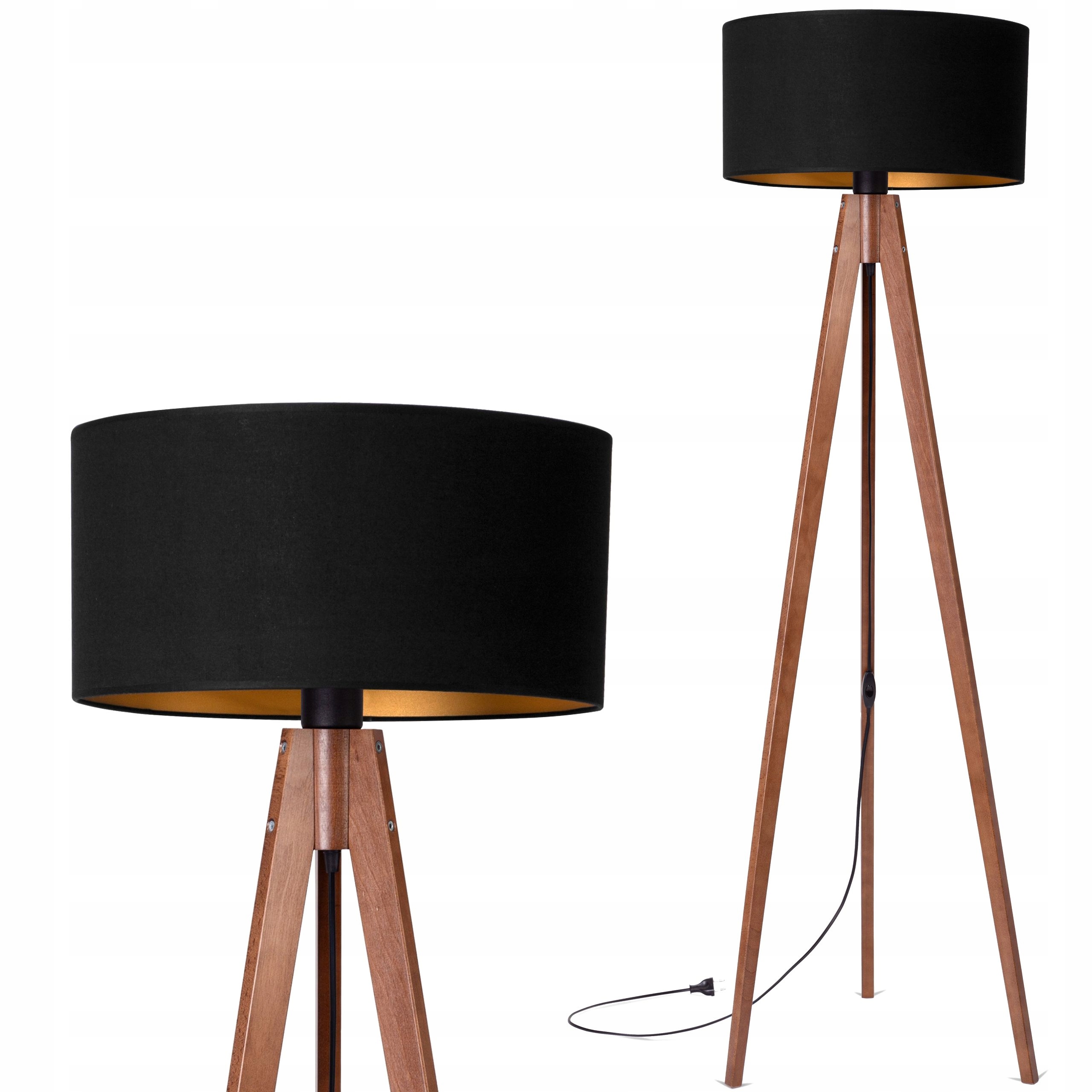 Lampa stojąca podłogowa Trójnóg Drewniany orzech Abażur czarny złoty