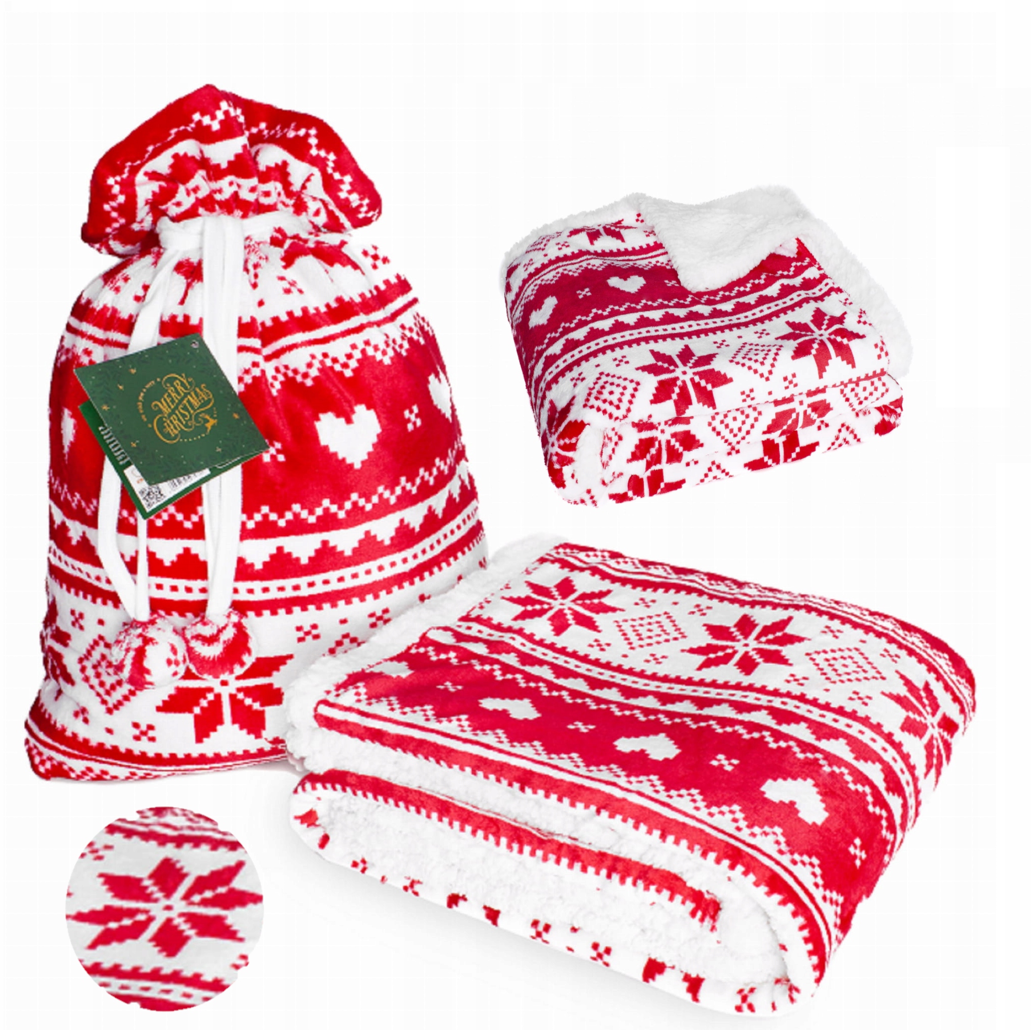 Teplá vánoční deka Saco 150x200 červená v dárkovém sáčku s fleecem
