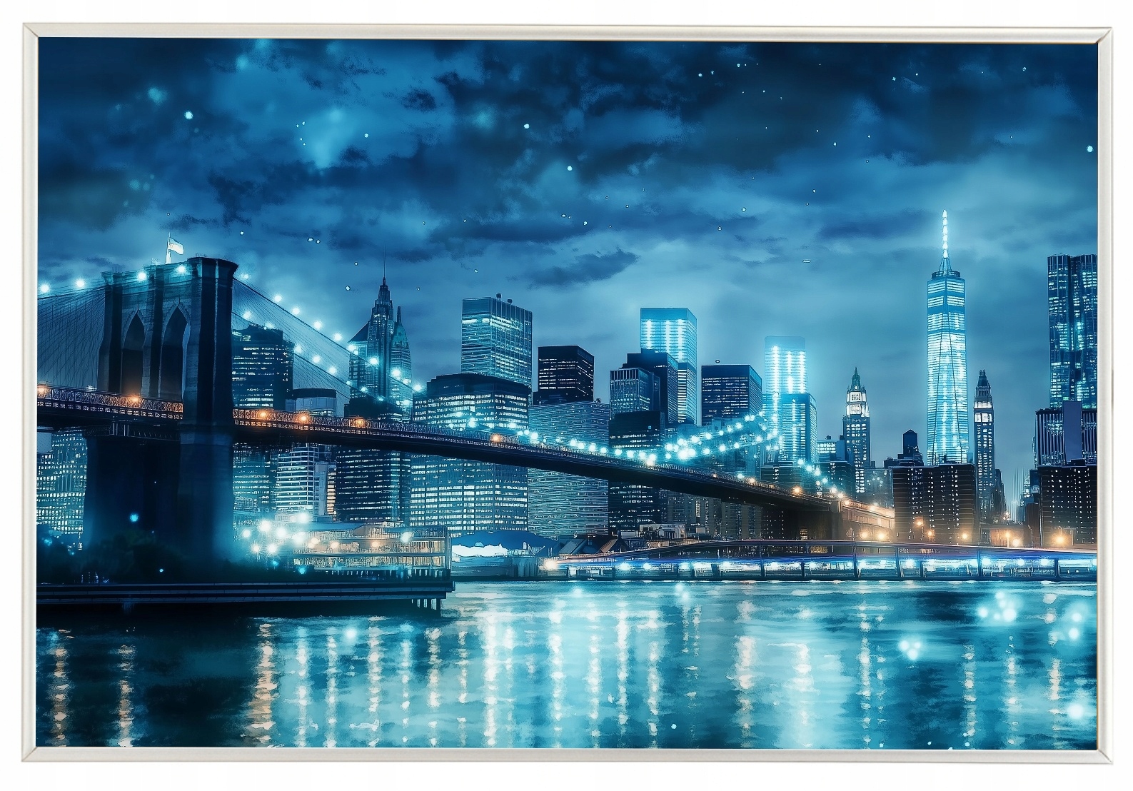Plakát S Hliníkovým Rámeček New York Brooklynský Most Noční Panorama 60x40