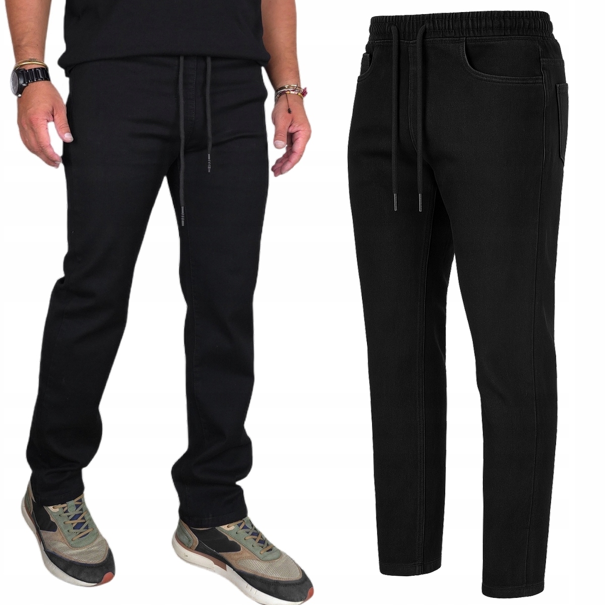 Pánské Džínové kalhoty dlouhé Černé Rovné elastické Pas S Gumičkou vel. L