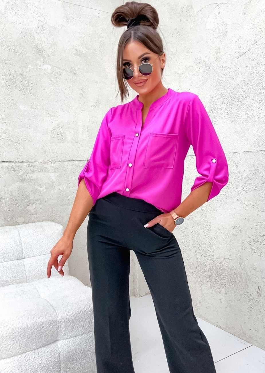 DAMSKA ELEGANCKA BLUZKA KOSZULA LUŹNA OZDOBNE GUZIKI PL PROD RÓŻ FUKSJA M Model ELEGANCKA BLUZKA KOSZULA Z WISKOZĄ OZDOBNE GUZIKI