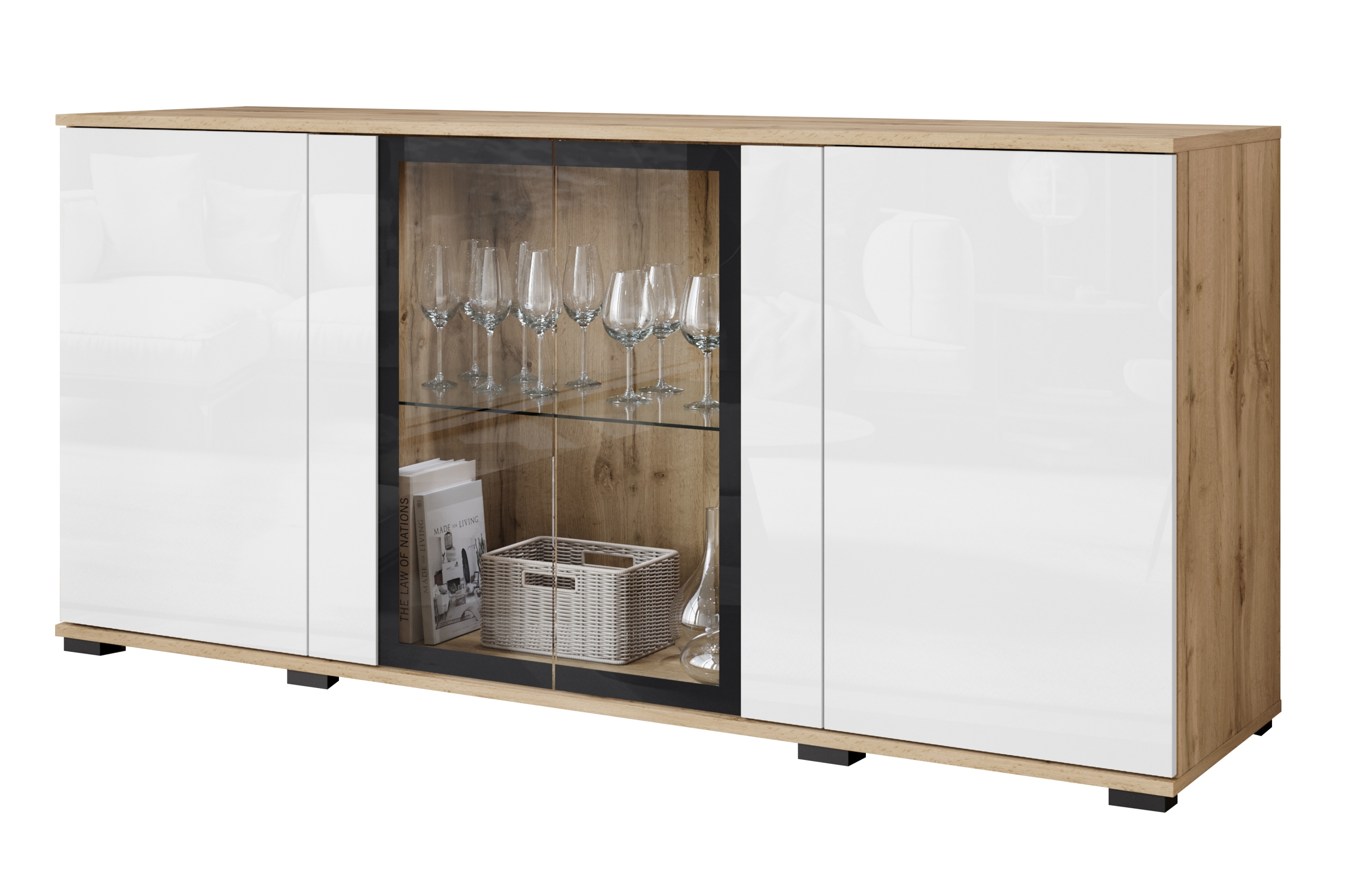 Moderní vitrína 150 do obývacího pokoje s prosklením wotan/bílý lesk s Led
