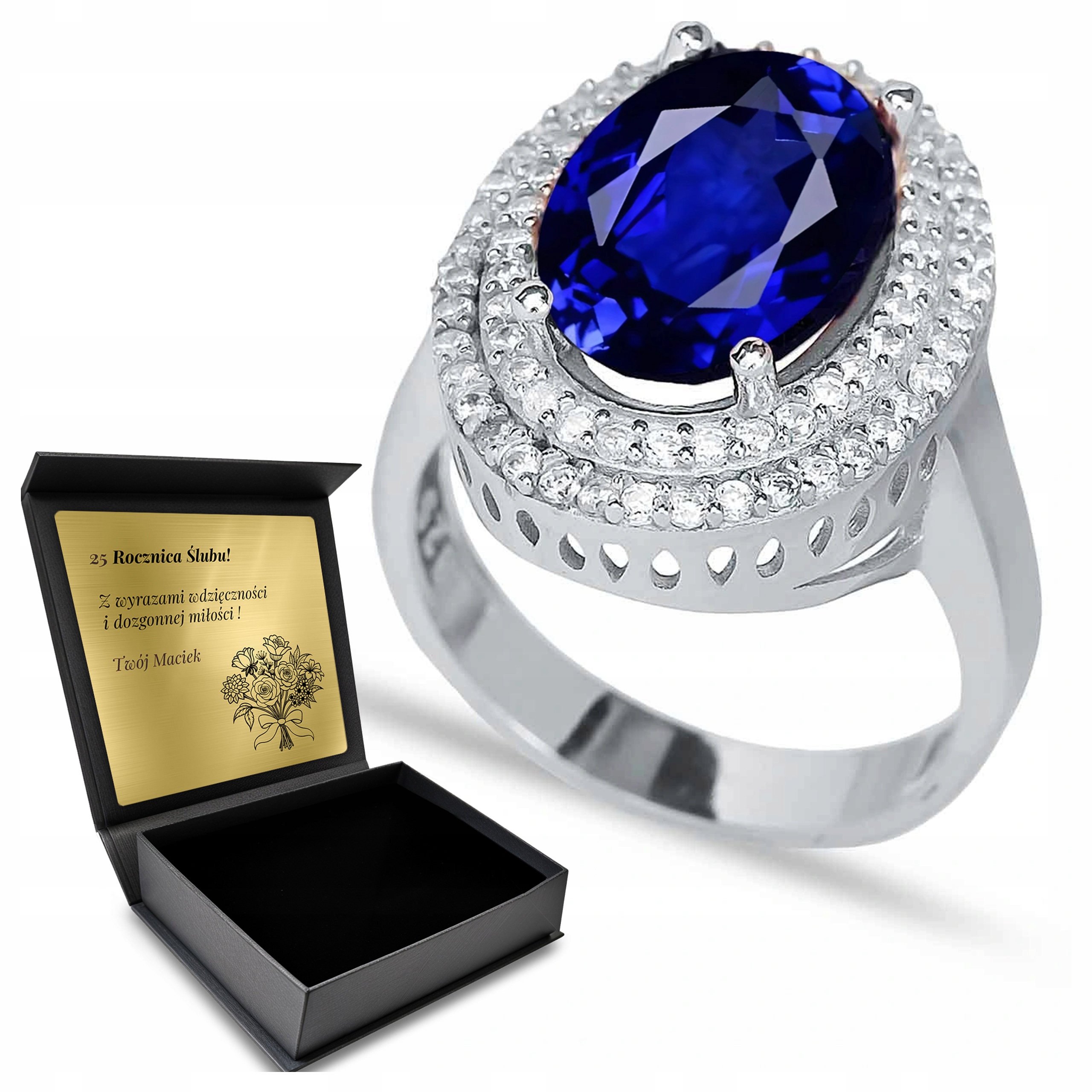 Prstýnek 925 S Zirkony A Safírem Dárek na Valentýna Gravírování