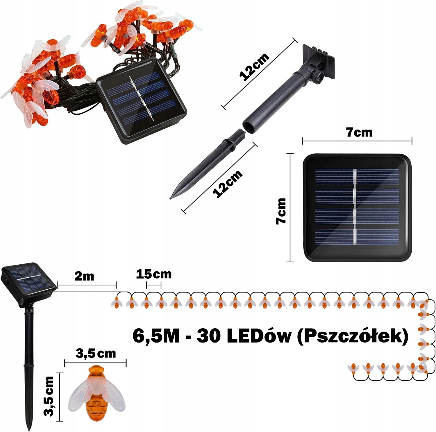 GIRLANDA SOLARNA OGRODOWA PSZCZÓŁ 30 LED 6,5M Lampki Solarne Lampy Ogrodowe Klasa efektywności energetycznej - stara klasyfikacja A++