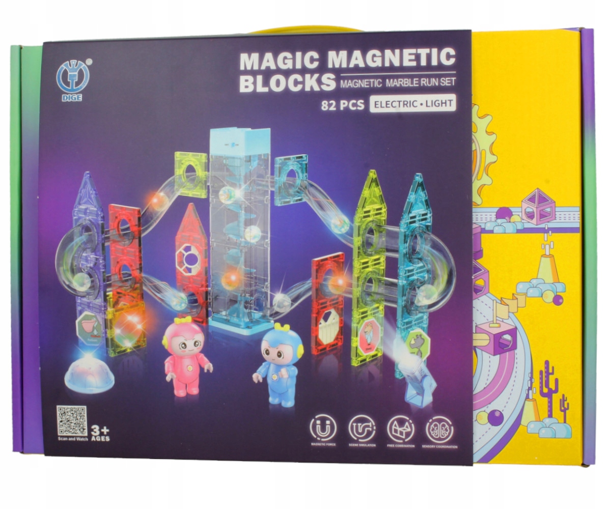 ŚWIECĄCE KLOCKI MAGNETYCZNE Tor Zjeżdżalnia 82 szt Wiek dziecka 3 lata +