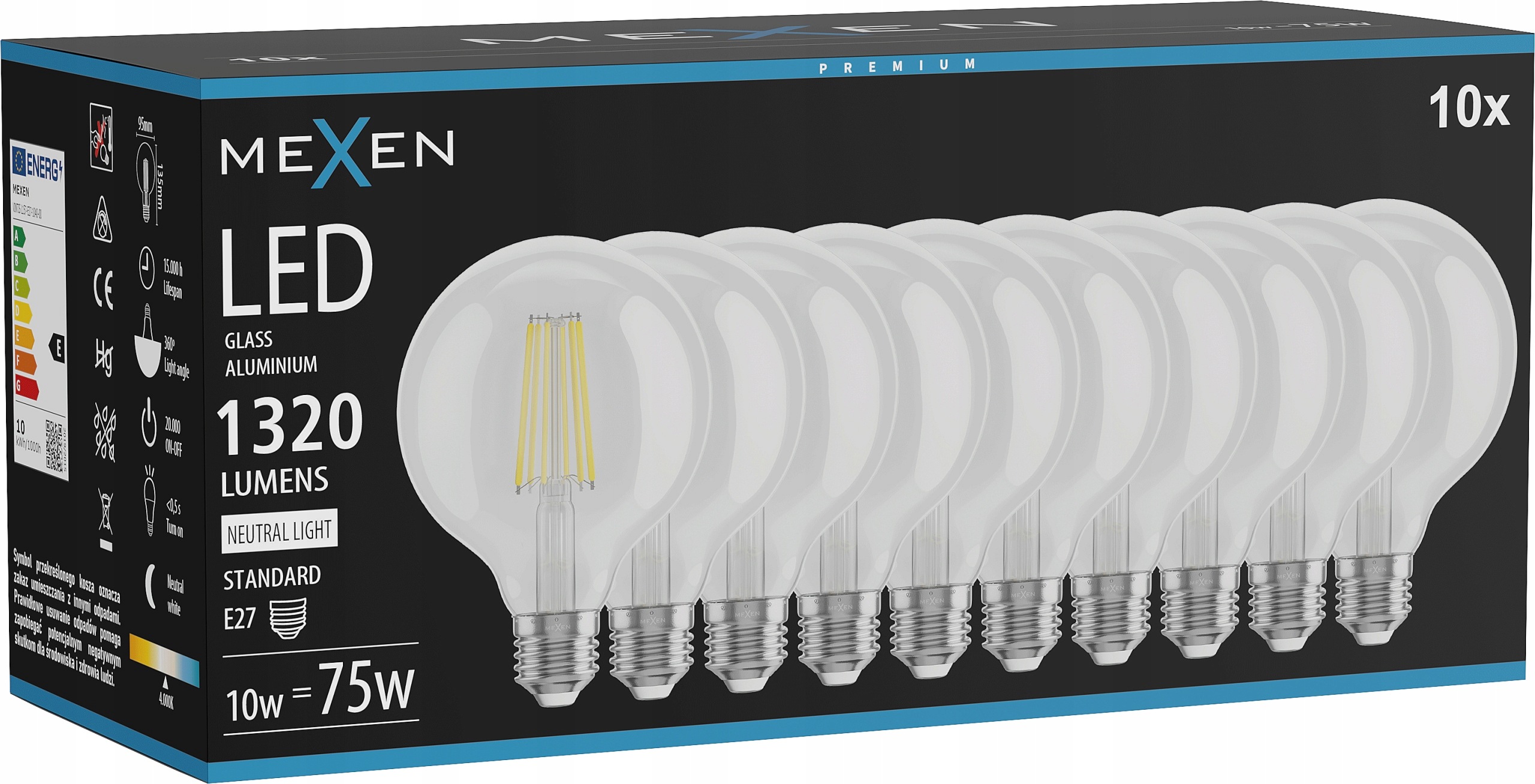 Mexen Vintis 10X Žárovka Filament Led E27 G95 10W 4000K 1320 LM Clear